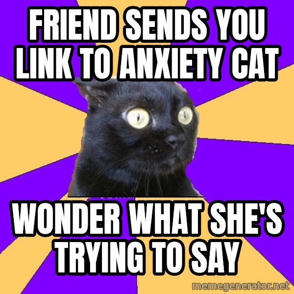 Anxiety Cat meme: Friend sends you link to Anxiety cat / wonder what she's trying to say