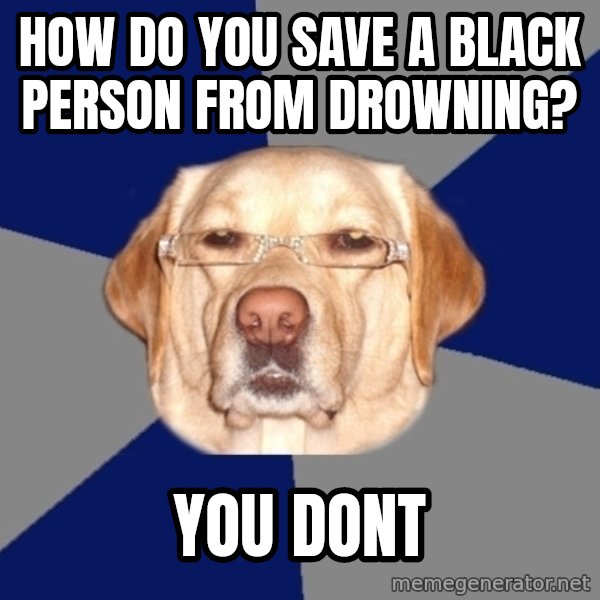Racist Dog meme: HOW DO YOU SAVE A BLACK PERSON FROM DROWNING? / YOU DONT