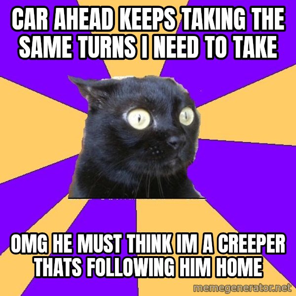 Anxiety Cat meme: car ahead keeps taking the same turns i need to take / omg he must think im a creeper thats following him home