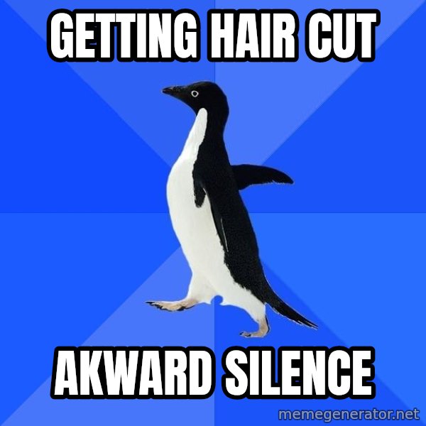 Socially Awkward Penguin meme: Getting hair cut / Akward SILENCE