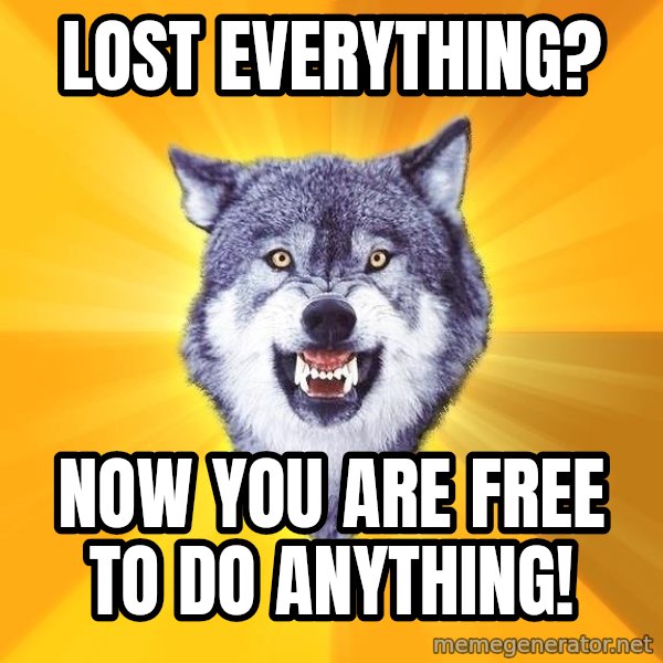 Courage Wolf meme: Lost everything? / NOW YOU ARE FREE TO DO ANYTHING!