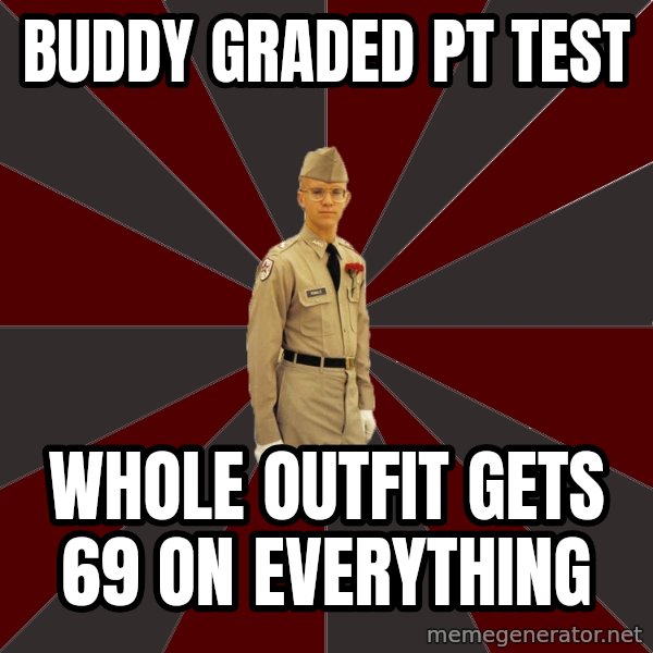 Stereotypical Corps Guy meme: Buddy graded pt test / Whole outfit gets 69 on everything