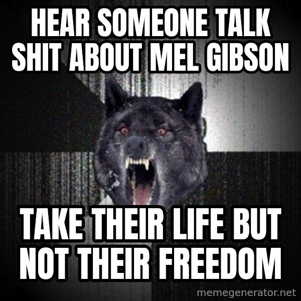 Insanity Wolf meme: Hear someone talk shit about mel gibson / take their life but not their freedom