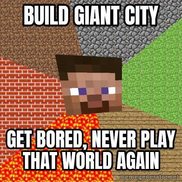 Minecraft Guy meme: Build giant city / Get bored, never play that world again