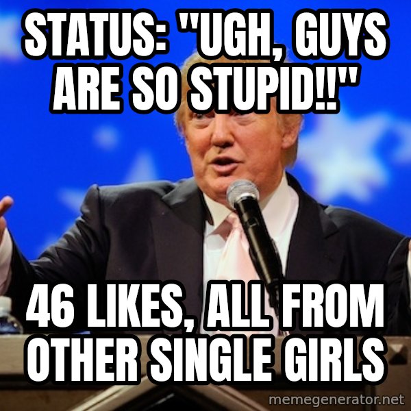 Annoying Facebook Girl meme: Status: "ugh, guys are so stupid!!" / 46 likes, all from other single girls