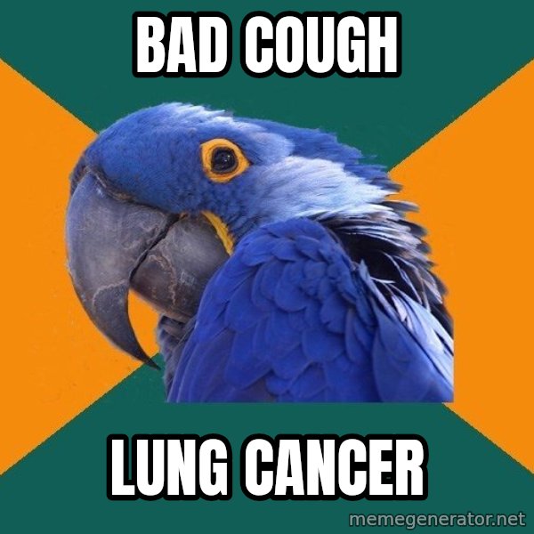 Paranoid Parrot meme: Bad cough / lung cancer