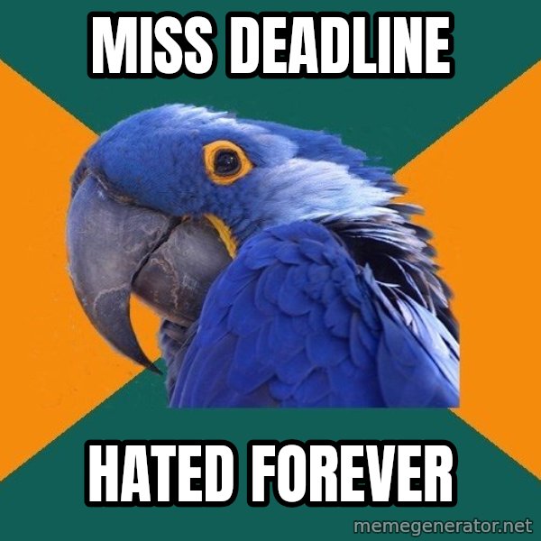 Paranoid Parrot meme: miss deadline / hated forever