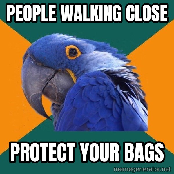 Paranoid Parrot meme: PEOPLE WALKING CLOSE / PROTECT YOUR BAGS