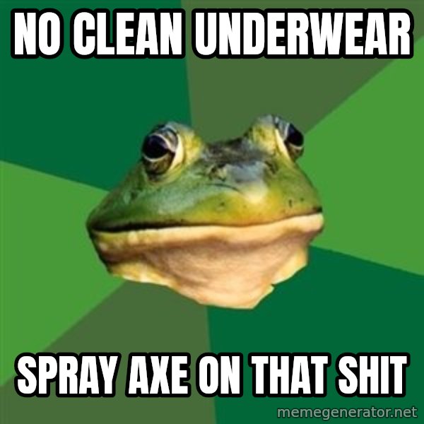 Foul Bachelor Frog meme: No clean underwear / Spray Axe on that shit