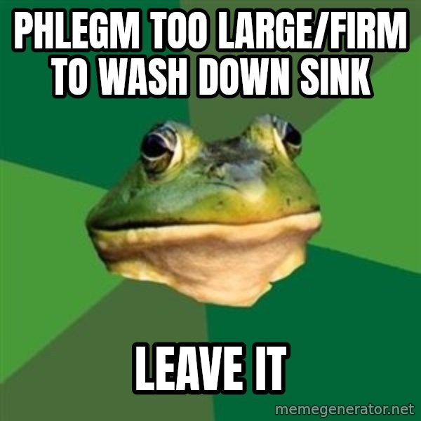 Foul Bachelor Frog meme: Phlegm too large/firm to wash down sink / leave it