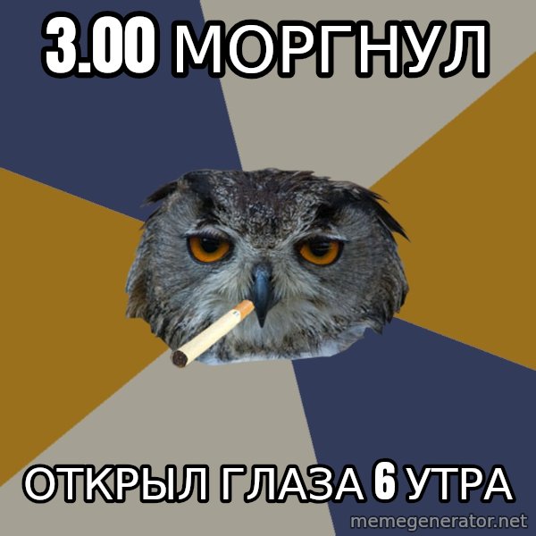 Art Student Owl meme: 3.00   моргнул / открыл глаза 6 утра