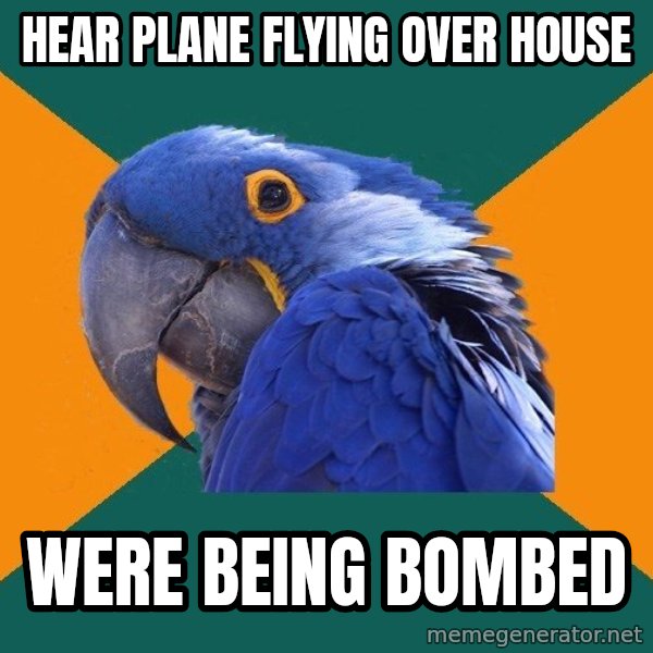 Paranoid Parrot meme: hear plane flying over house / were being bombed