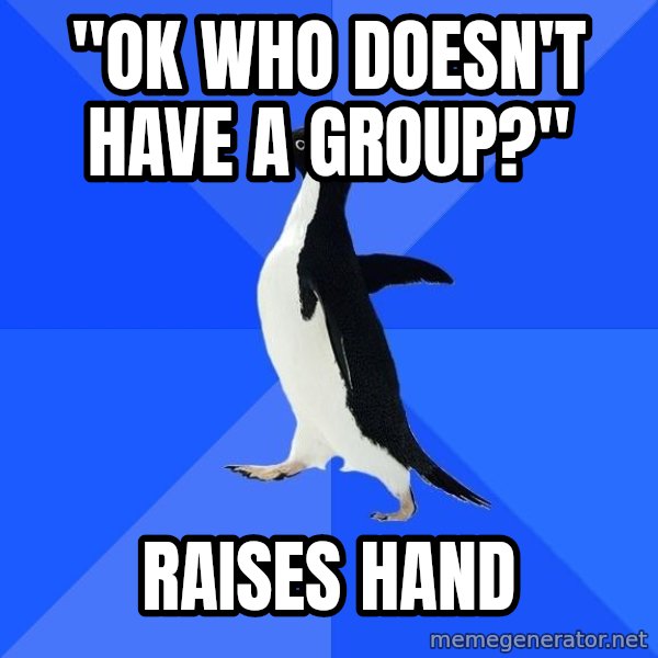 Socially Awkward Penguin meme: "ok who doesn't have a group?" / raises hand