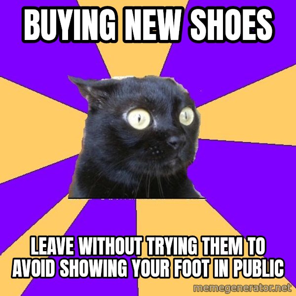 Anxiety Cat meme: buying new shoes / leave without trying them to avoid showing your foot in public