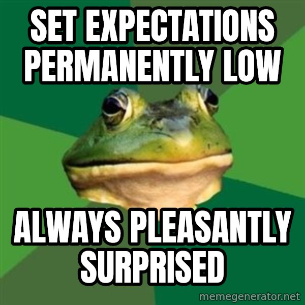Foul Bachelor Frog meme: Set Expectations Permanently low / Always pleasantly surprised