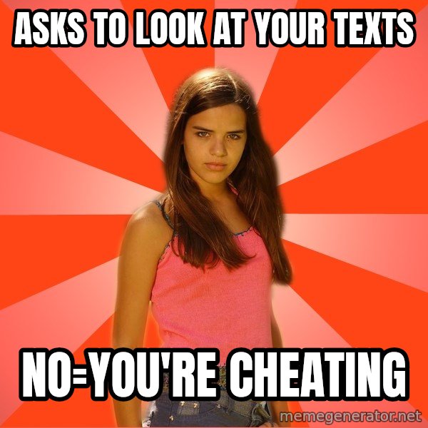 Jealous Girl meme: asks to look at your texts / no=you're cheating