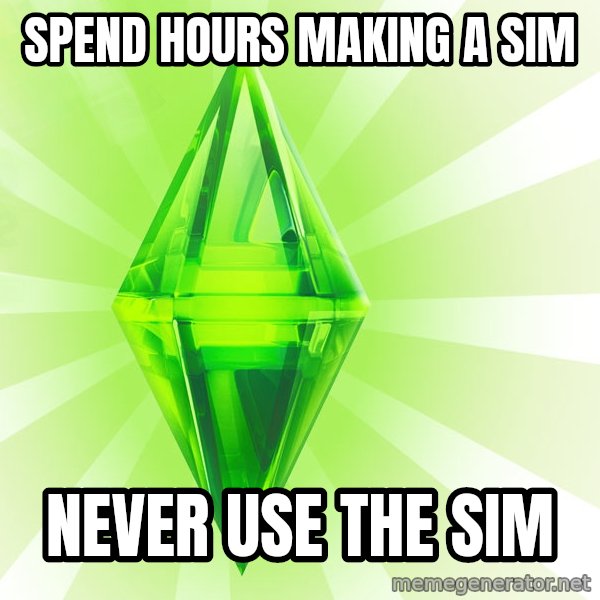 Sims meme: Spend hours making a sim / never use the sim