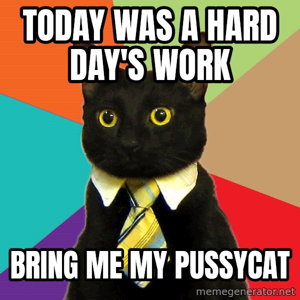 Business Cat meme: Today was a hard day's work / Bring me my pussycat