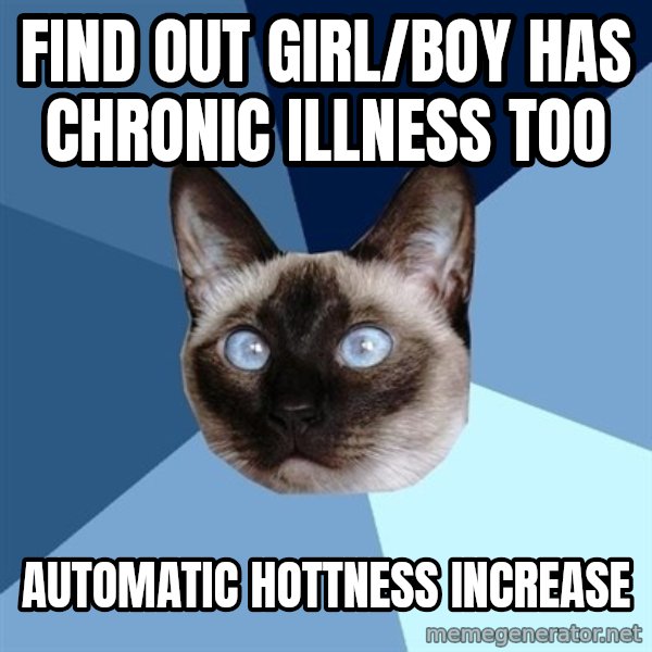 Chronic Illness Cat meme: Find out girl/boy has chronic illness too / automatic hottness increase