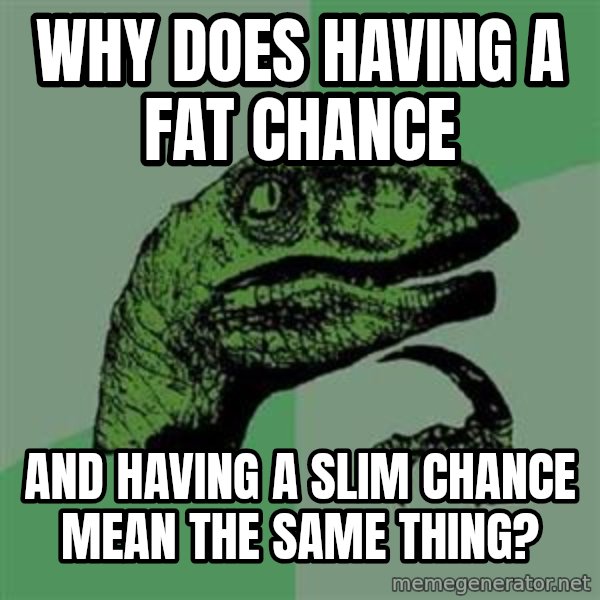 Philosoraptor meme: why does having a fat chance / and having a slim chance mean the same thing?