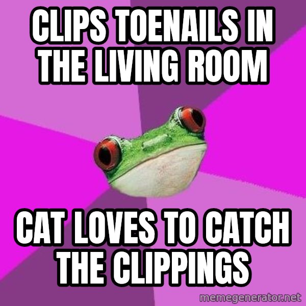 Foul Bachelorette Frog meme: clips toenails in the living room / cat loves to catch the clippings