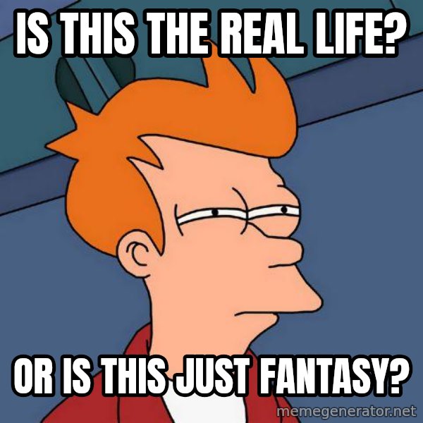 Futurama Fry meme: Is this the real life? / or iS THIS JUST FANTASY?