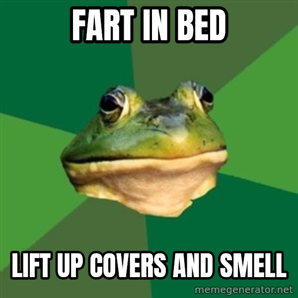 Foul Bachelor Frog meme: Fart in bed / Lift up covers and smell