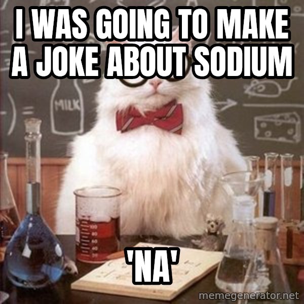 Chemistry Cat meme: I was going to make a joke about sodium / 'na'