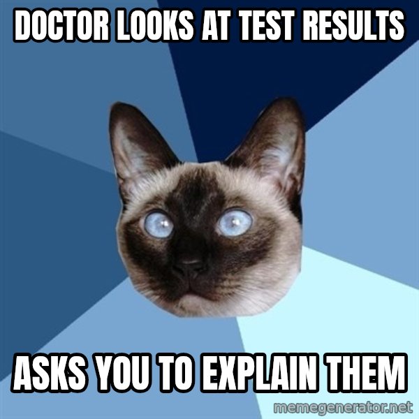Chronic Illness Cat meme: DOCTOR LOOKS AT TEST RESULTS / ASKS YOU TO EXPLAIN THEM