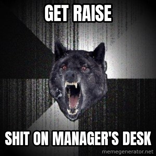 Insanity Wolf meme: Get Raise / shit on manager's desk
