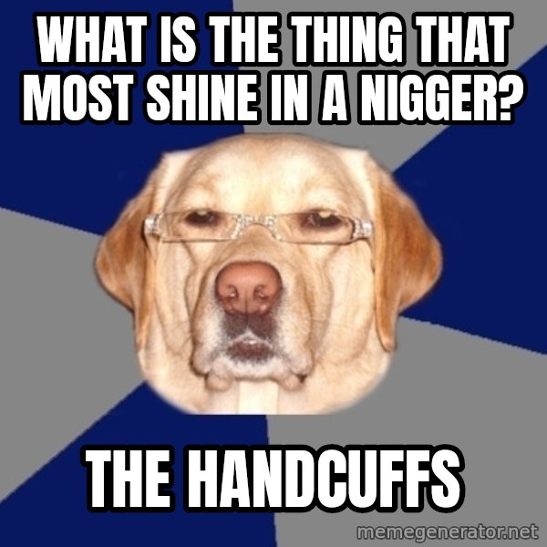 Racist Dawg meme: what is the thing that most shine in a nigger? / The handcuffs