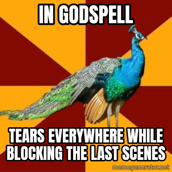Thespian Peacock meme: In Godspell / tears everywhere while blocking the last scenes