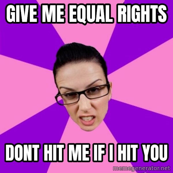Privilege Denying Feminist meme: Give me equal rights / dont hit me if i hit you