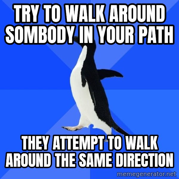 Socially Awkward Penguin meme: Try to walk around sombody in your path / they attempt to walk around the same direction