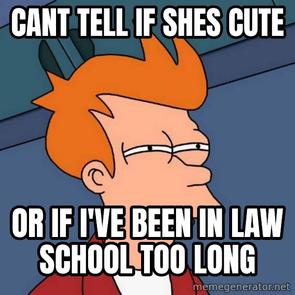 Futurama Fry meme: Cant tell if shes cute / Or if i've been in law school too long