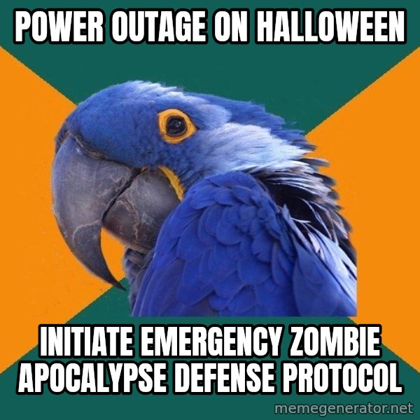 Paranoid Parrot meme: Power outage on halloween / initiate emergency zombie apocalypse defense protocol