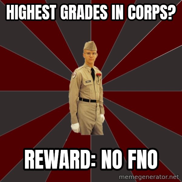Stereotypical Corps Guy meme: HIGHEST GRADES IN CORPS? / REWARD: nO fno
