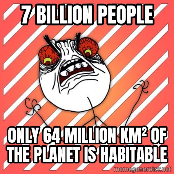 iHate meme: 7 billion people / only 64 million km² of the planet is habitable