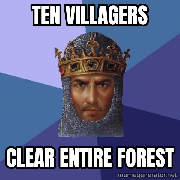 Age Of Empires meme: ten villagers / clear entire forest