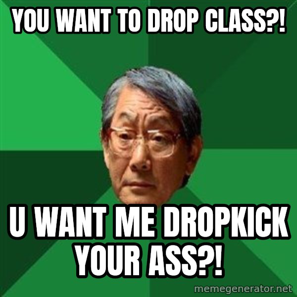 High Expectations Asian Father meme: You want to drop class?! / u want me dropkick your ass?!