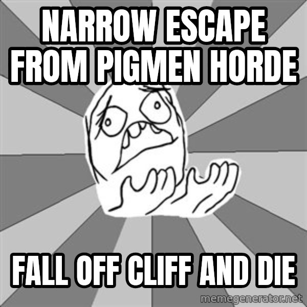 Whyyy??? meme: Narrow Escape from Pigmen horde / Fall off cliff and die