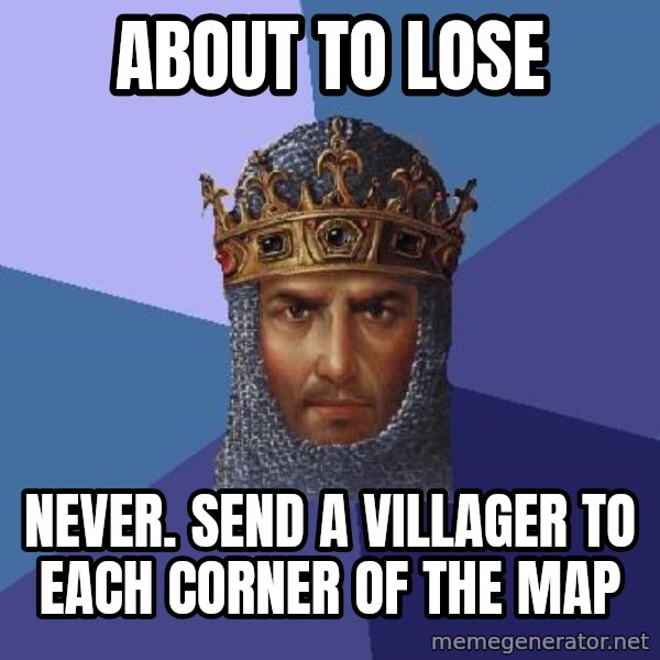 Age Of Empires meme: ABOUT TO LOSE / NEVER. SEND A VILLAGER TO EACH CORNER OF THE MAP