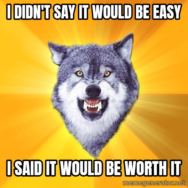 Courage Wolf meme: i didn't say it would be easy / I said it would be worth it