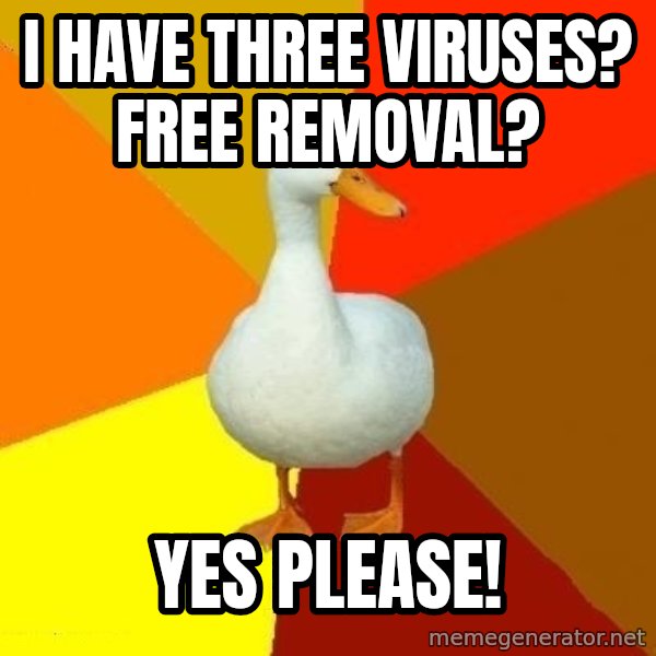 Technologically Impaired Duck meme: i have three viruses? free removal? / yes please!