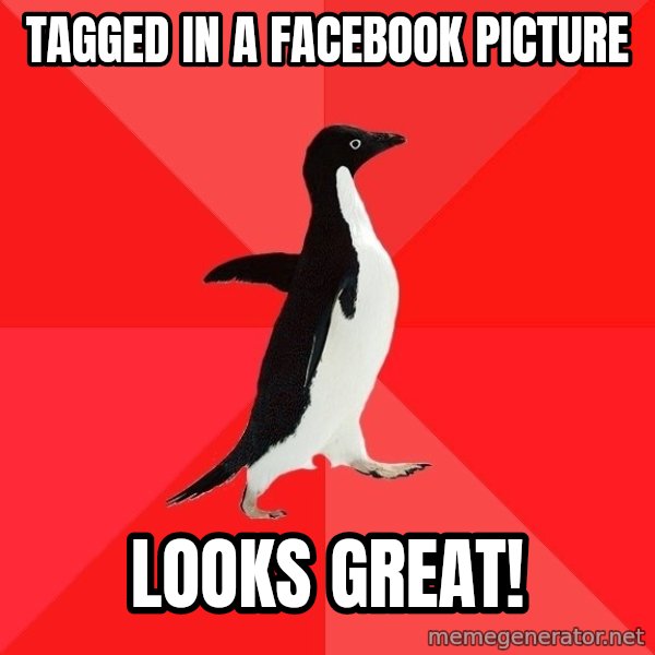 Socially Awesome Penguin meme: tagged in a facebook picture / looks great!