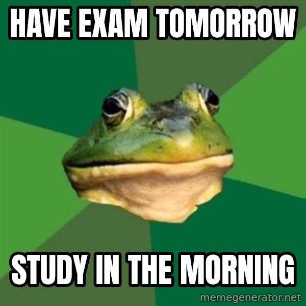 Foul Bachelor Frog meme: Have exam tomorrow / study in the morning