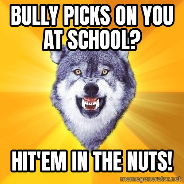 Courage Wolf meme: bully picks on you at school? / hit'em in the nuts!