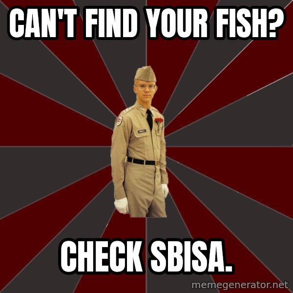 Stereotypical Corps Guy meme: Can't find your fish? / check sbisa.