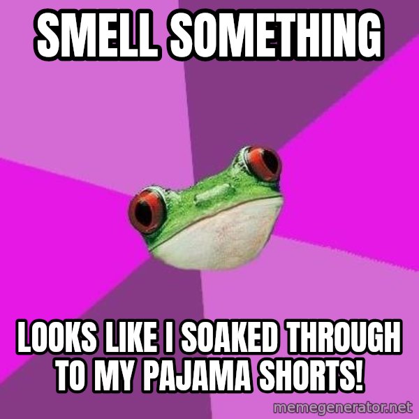 Foul Bachelorette Frog meme: Smell something / Looks like I soaked through to my pajama shorts!
