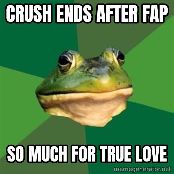 Foul Bachelor Frog meme: crush ends after fap / so much for true love